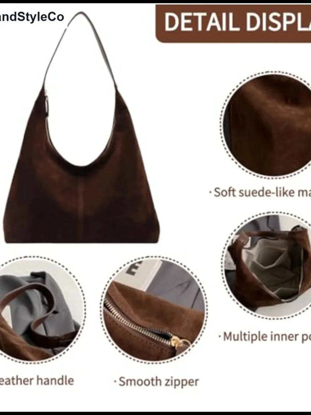 Slouchy Suede Hobo Shoulder Bag for Women with Zipper, Work Travel Purse
